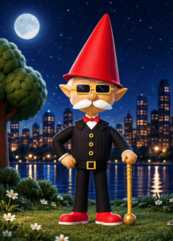 Metro the gnome standing by a lake at night with a city skyline behind him