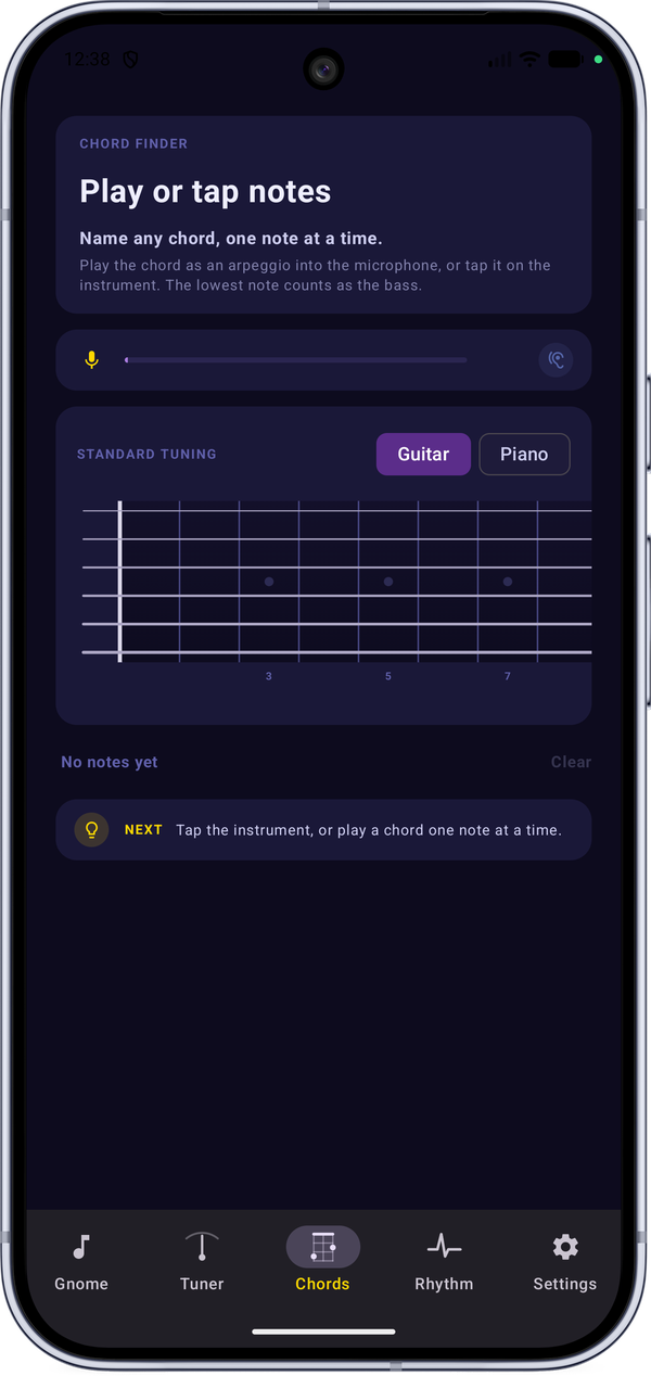 Metro Gnome chord finder with a guitar fretboard, ready to name a chord from played or tapped notes
