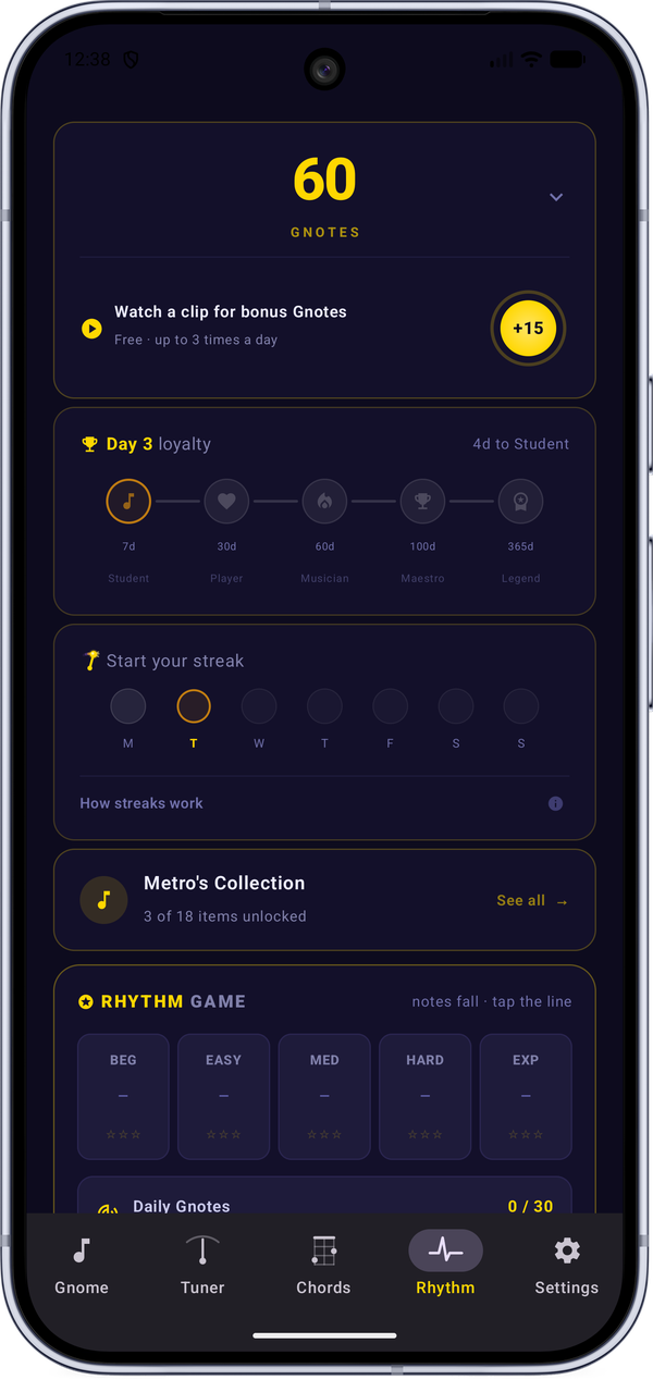 Metro Gnome Gnotes screen with the daily goal, bonus clips, loyalty milestones, and practice streak