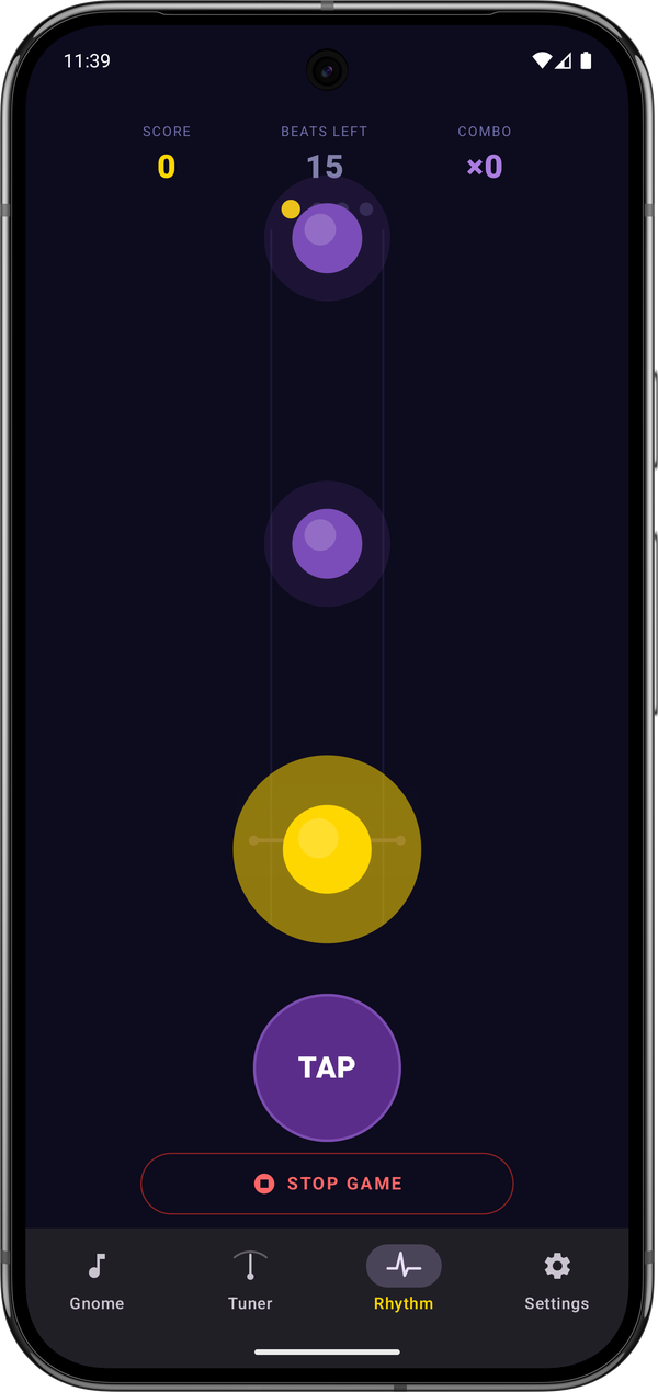 Metro Gnome rhythm game with notes falling toward the hit line