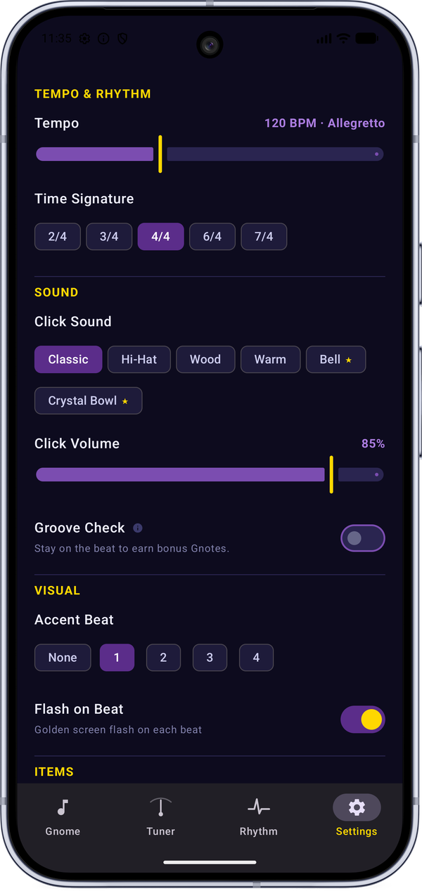 Metro Gnome settings screen for tempo, time signature, and click sound