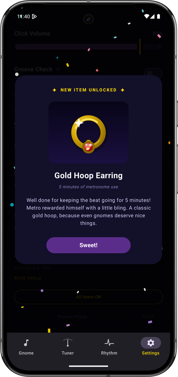 Metro Gnome unlock reward showing a collectible gold hoop earring