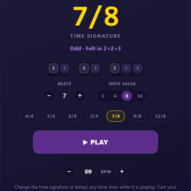 The odd meter metronome set to 7/8, grouped 2+2+3